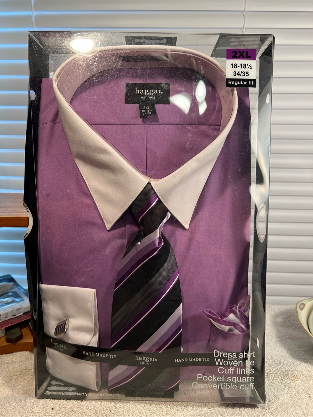 Haggar Dress Shirt, Handmade Tie & Cuff Link Set 2XL 18-18.5 34/35 Purple NWT